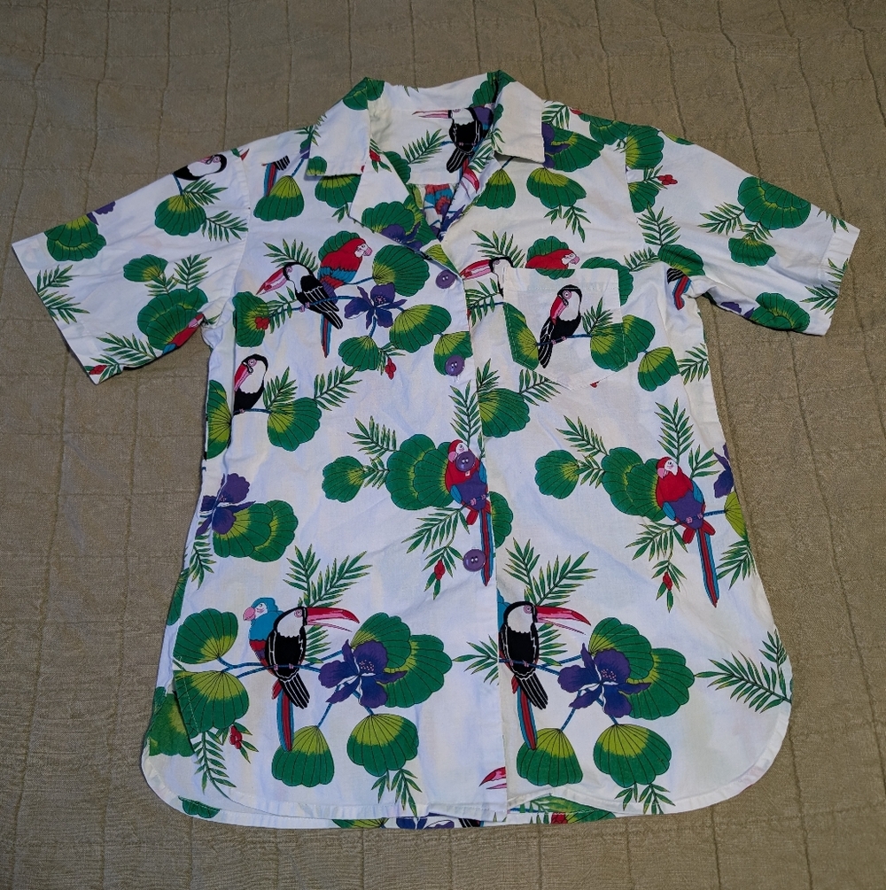 Vintage 70s 80s Parrot Print Button Down Hawaiian Shirt